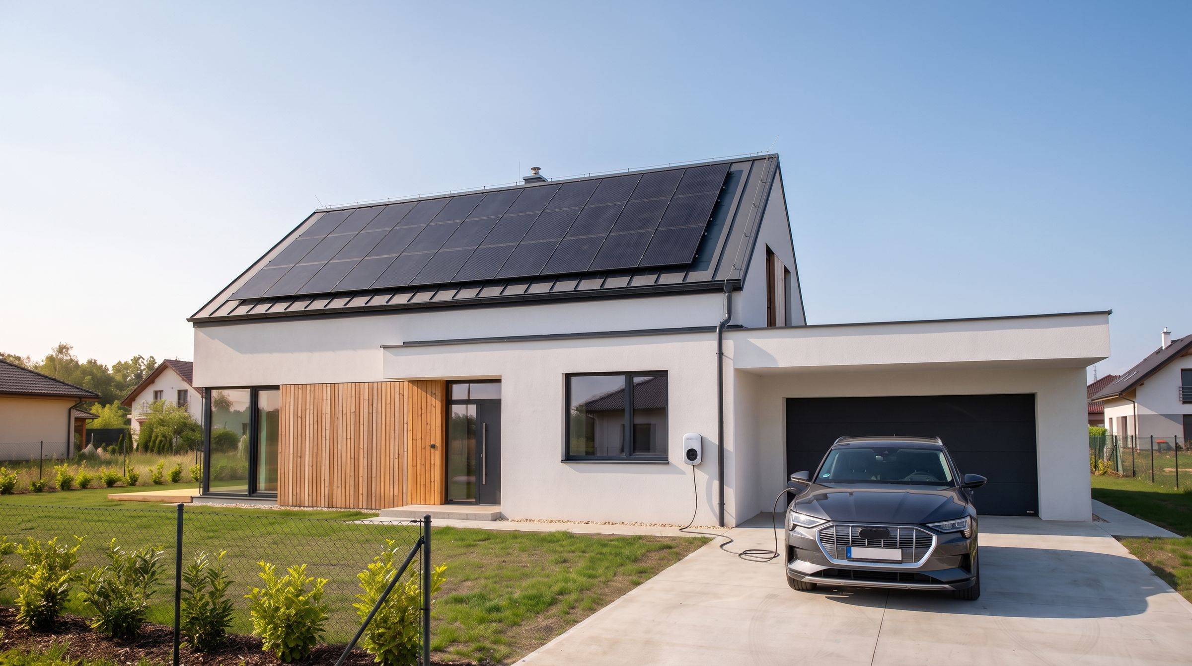 Elektromobil sa pred domom nabíja z wallboxu